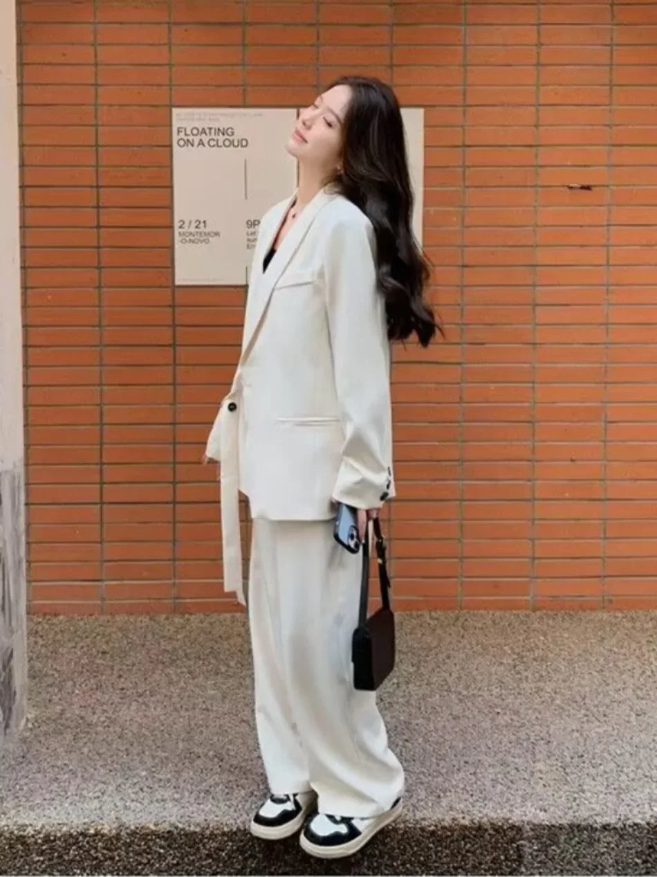 Women's Fashion Office Suit Set Casual Oversized Blazer And Wide Leg Pants Two-Piece Long Sleeve Top Bottoms Combo.