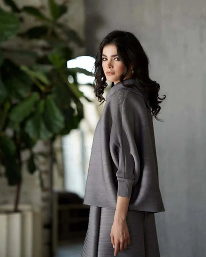 YUDX Miyake Pleated New Women's Fashion Clothing Set, Stand Up Collar Bat Sleeve Top, Wide Leg Pants Two-piece Set.