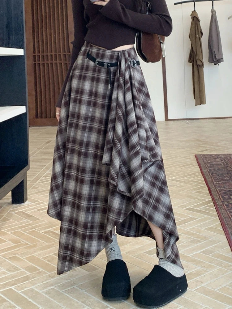 Qiukichonson Long Skirts Women Woolen Skirt 2025 Goth Autumn Winter High Waist Ruffles Asymmetrical Plaid Skirt Maxi With Belt.