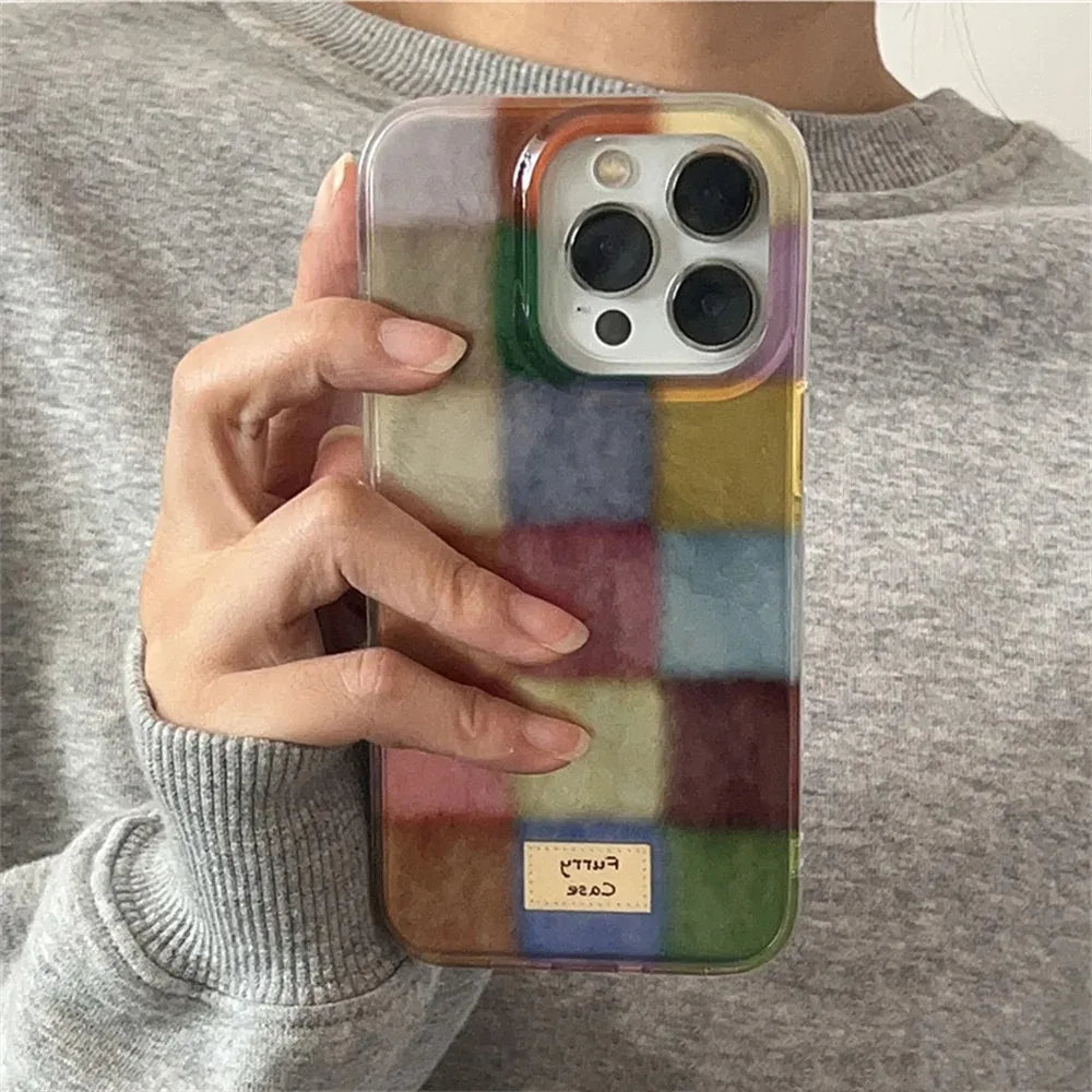 Cute Dopamine Color Block Match Plaid Clear Case For iPhone 17 16 15 14 13 12 11 Pro Max XS XR X 7 8 Plus Checkered Soft Cover.