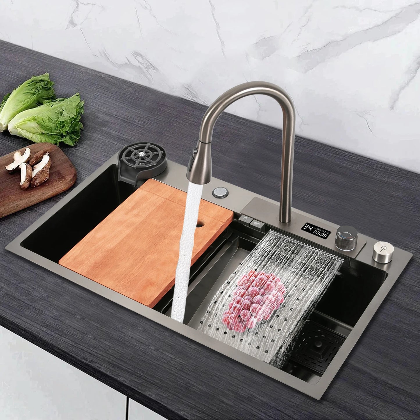 Intelligentes Küchenspülbecken mit digitalem Wasserhahn, Nano-beschichtetes Edelstahlspülbecken, ausziehbares Sprühgerät, Schneidebrett im Lieferumfang enthalten für Zuhause