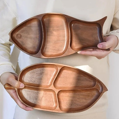 Wooden Leaf Shaped Fish Shaped Nut Tray Divided Plate Fruit Bread Pastry Tray Japanese Tableware.
