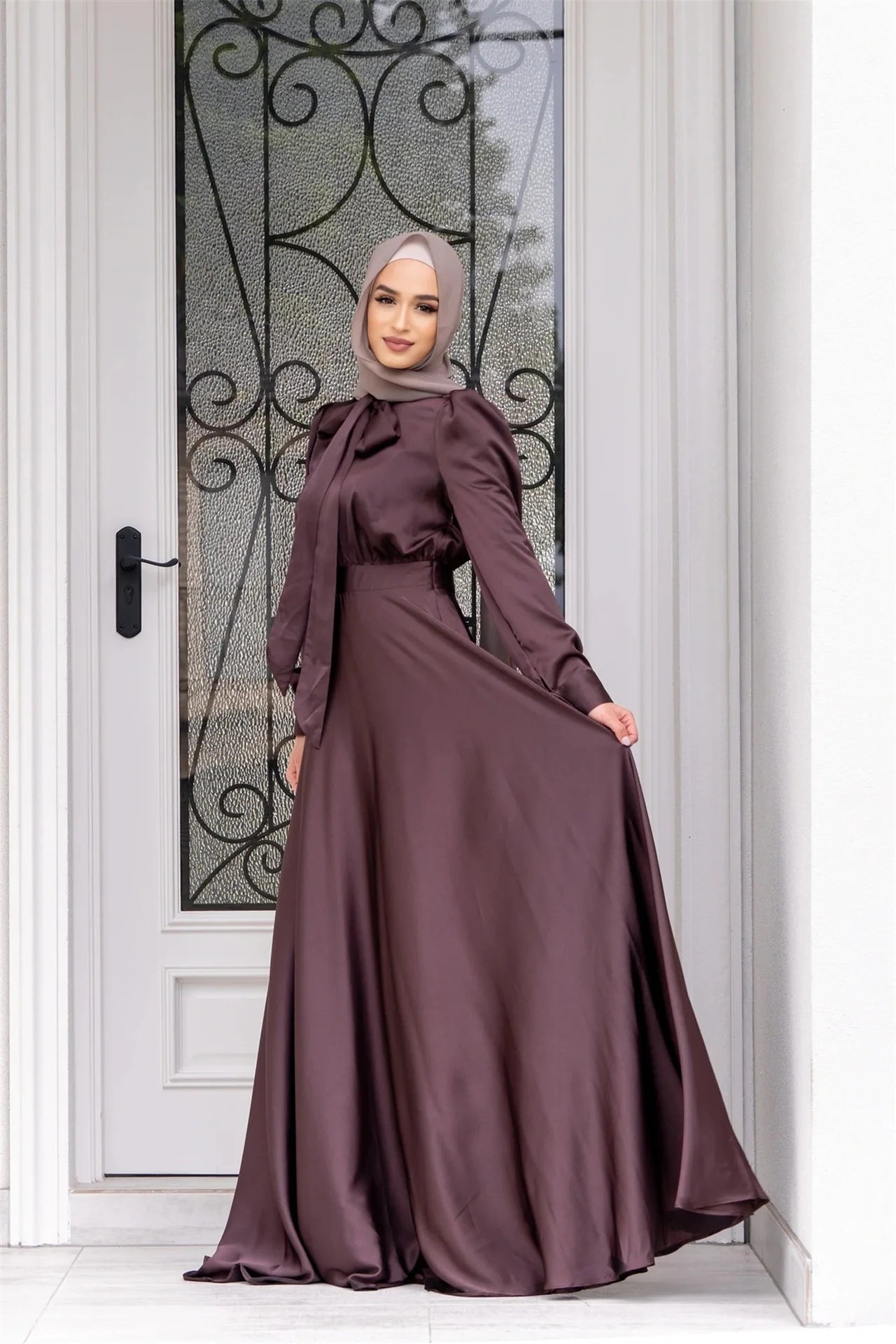 Elegant Satin Dress for Women Muslim Fashion Abaya Hijab Dubai Turkey Evening Dresses Arabic Kaftan Robe Female Islamic Clothing.