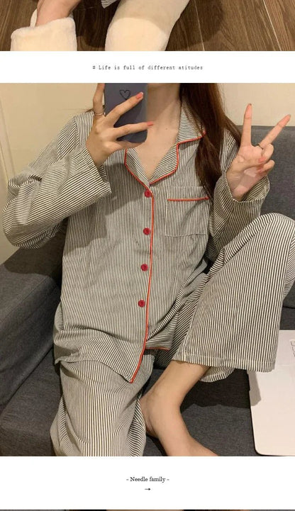 2 Teile/satz frauen Langarm Lose Atmungs Student Nachtwäsche Loungewear Strickjacke Grau Gestreiften Mädchen Mode Pyjamas Homewear.