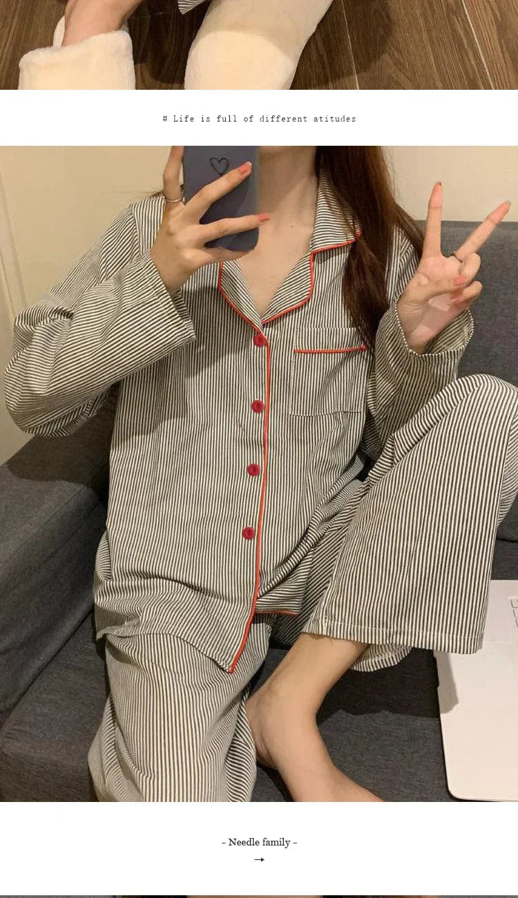 2 Teile/satz frauen Langarm Lose Atmungs Student Nachtwäsche Loungewear Strickjacke Grau Gestreiften Mädchen Mode Pyjamas Homewear.