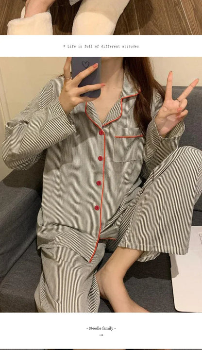 2 Teile/satz frauen Langarm Lose Atmungs Student Nachtwäsche Loungewear Strickjacke Grau Gestreiften Mädchen Mode Pyjamas Homewear.