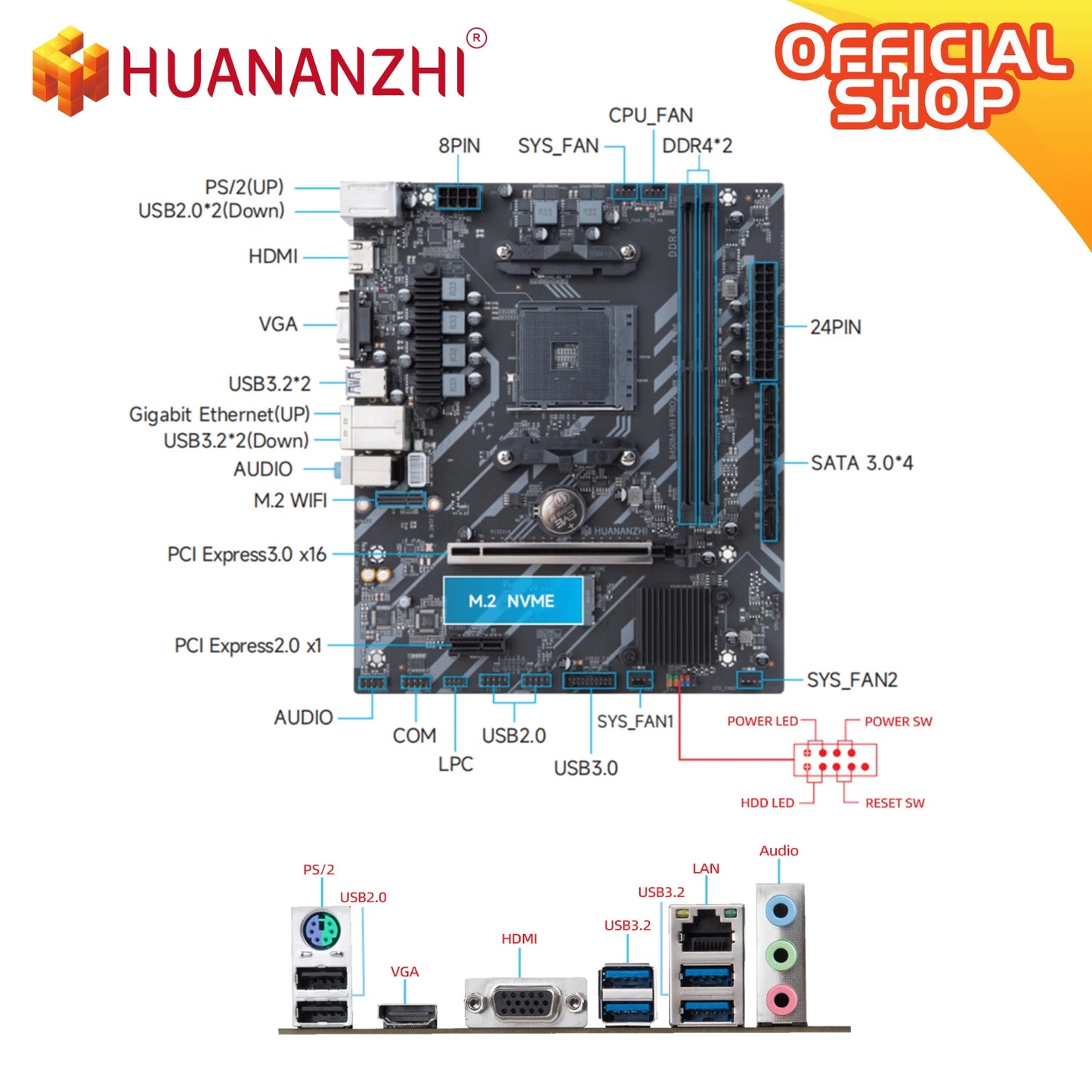 HUANANZHI AMD B450M VH PRO Gaming Motherboard USB3.0 M.2 Nvme Sata3 Supports Ryzen 5500 5600 5600G CPU.