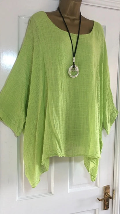 Autumn Fashion Batwing Sleeve Solid Color Loose O-neck 3/4 Sleeve Casual Blouse Top for Women.