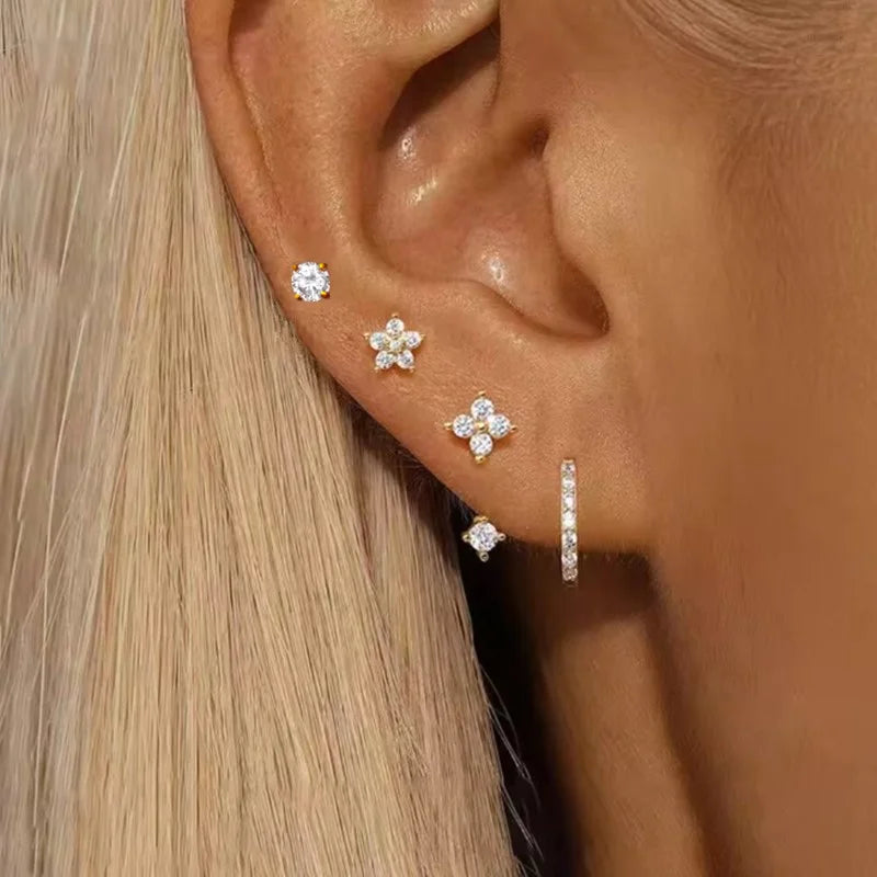 4PCS Fashion Zircon Round Hoop Earring Set Women Temperament Flower Ear Stud Huggie Earring Tragus Piercing Cartilage Jewelry.