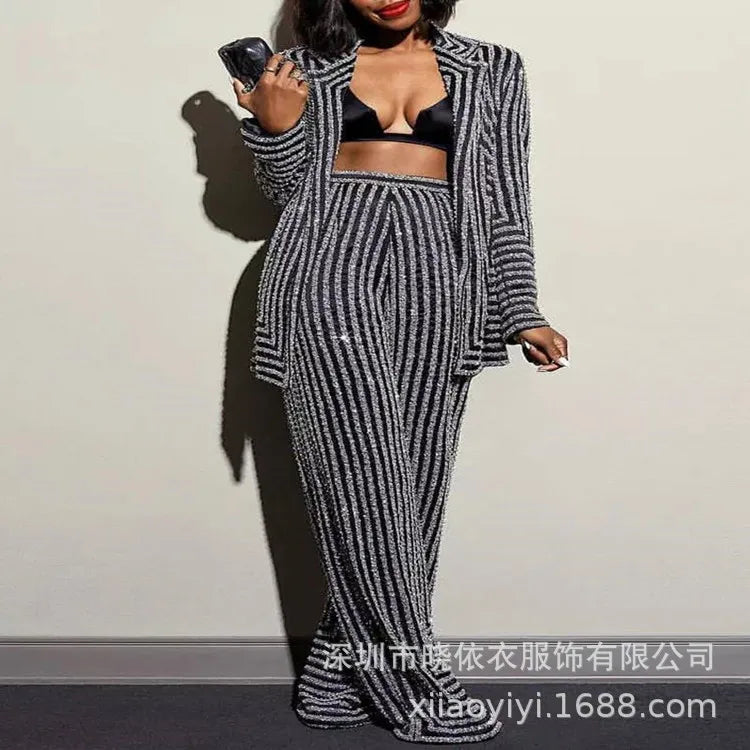 Sexy Women Two Piece Sets Print Striped Slim Fit Full Sleeve Coats Office Ladies Knitted Floor Length Pants Set Temperament.