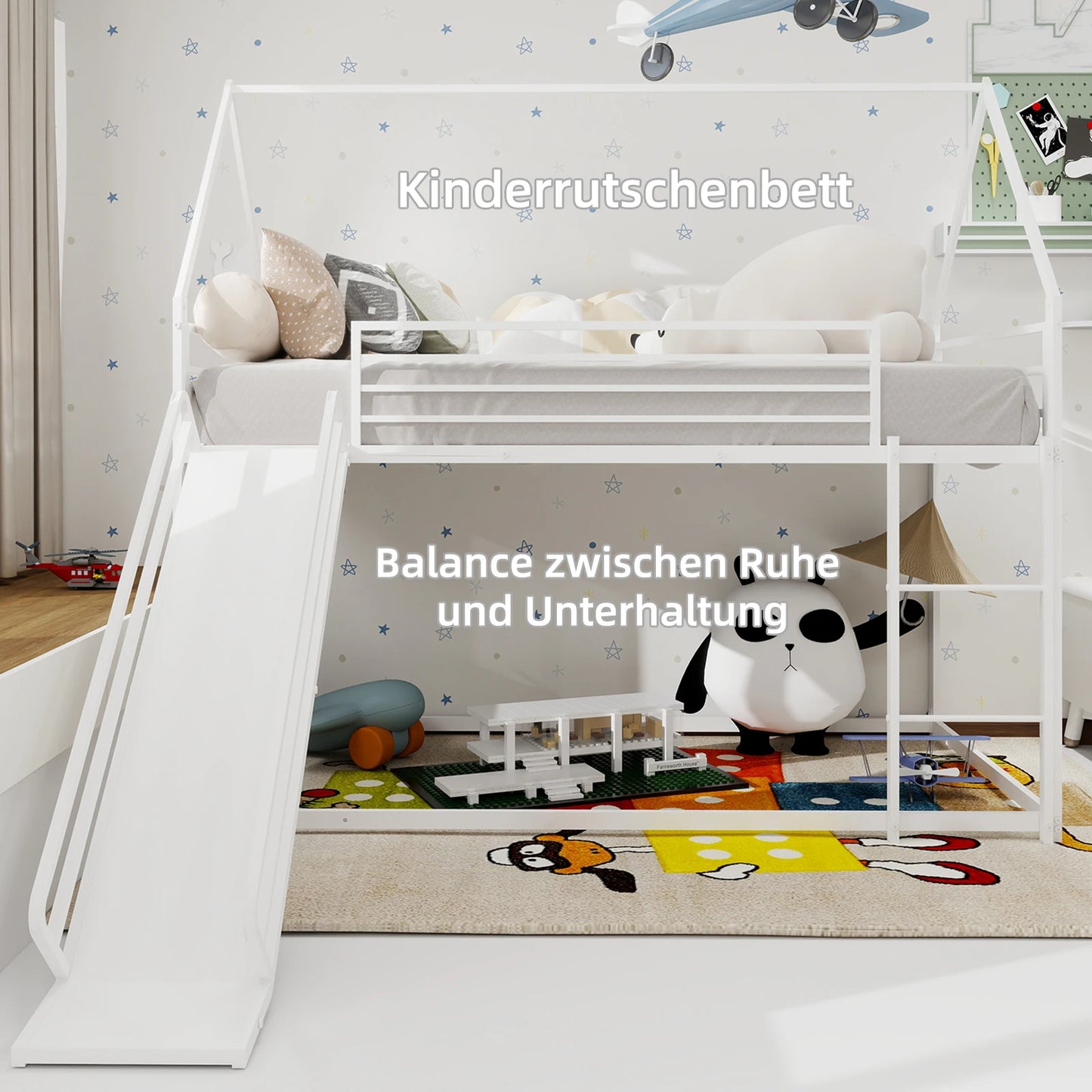 Twin Over Twin Etagenbett mit Rutsche für Kinderzimmer, hausförmiges Bettgestell mit Leiter, kein Boxspringbett erforderlich und einfach zu installieren