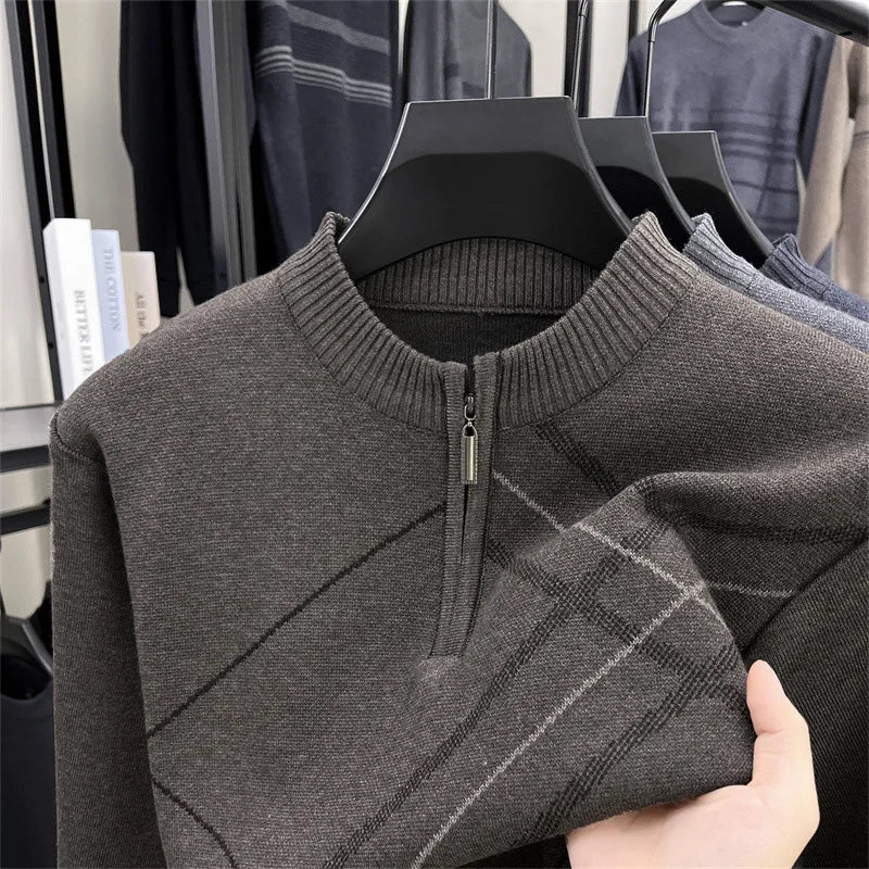 Men's New Thickened Turtleneck Knitwear Autumn Winter New Zipper Solid Color Sweater Middle Aged Warm Knit Top.