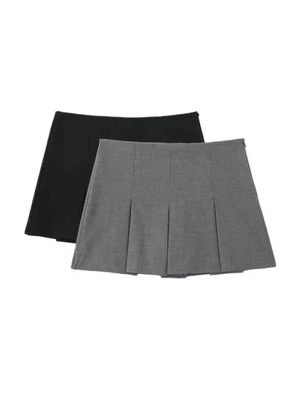 Women Fashion With Pleated Shorts Skirts Vintage High Waist Side Zipper Female Skort Mujer.