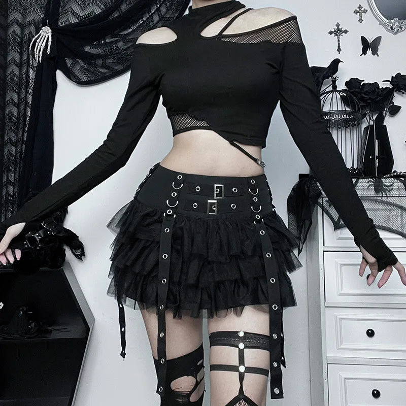Goth Dark Ruffles Mall Gothic Mesh Splice Mini Skirts Grunge Aesthetic Harajuku Buckle A-line Skirt Punk High Waist Alt Bottoms.