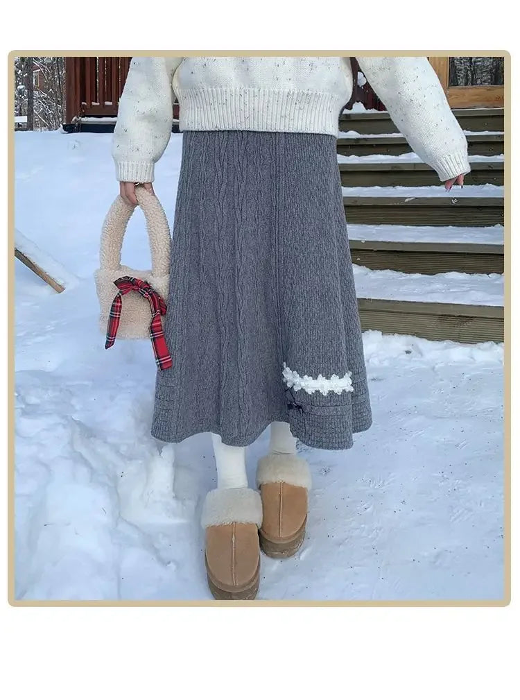 Clothes for Women Autumn Winter Japanese Style Kawaii Sweet Chic Knitted Skirts Female High Waist Solid Loose A-line Midi Skirt.