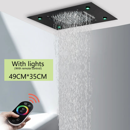Brushed Ceiling Shower Head with LED Lights 36*50cm Large Rainfall Faucet Bathroom Tap Stainless Steel Smart Square Sprayer