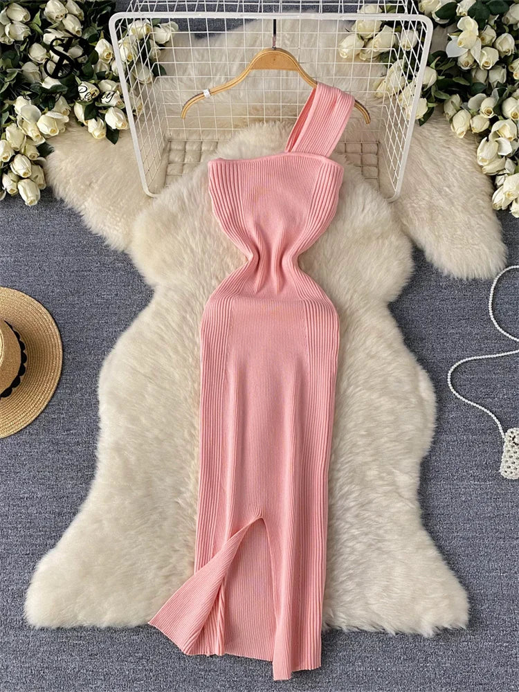 SINGREINY Einzelnen Schulter Tinte Stricken Kleid Backless Tank Gestreiften Schlank Bodycon Sommerkleid Frauen Sommer Beachwear Sexy Chic Vestidos.