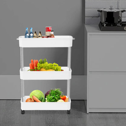 3-lagiges Rollwagen-Regal, bodenstehendes Lagerregal mit 4 Universalrädern, 4 Haken, Küche, Badezimmer, Organizer