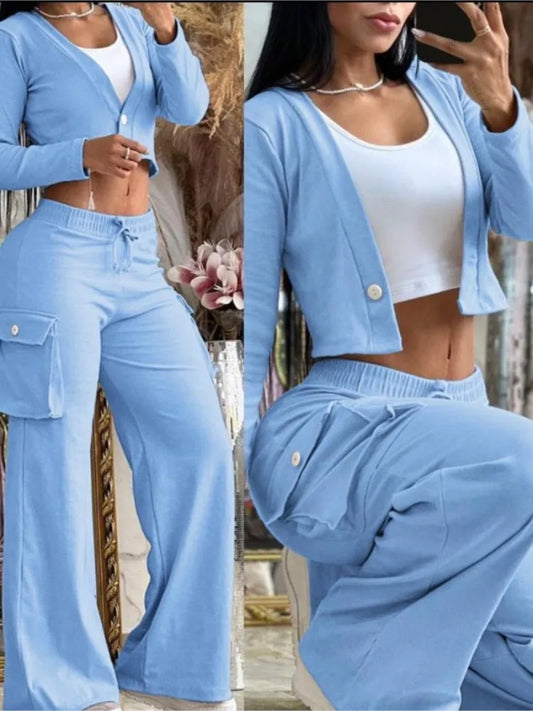 Spring Autumn New Women's Fashion Solid Color Printed Sexy Short Top With Waist Exposed Casual Lace Up Waist Drawback Pants Set.