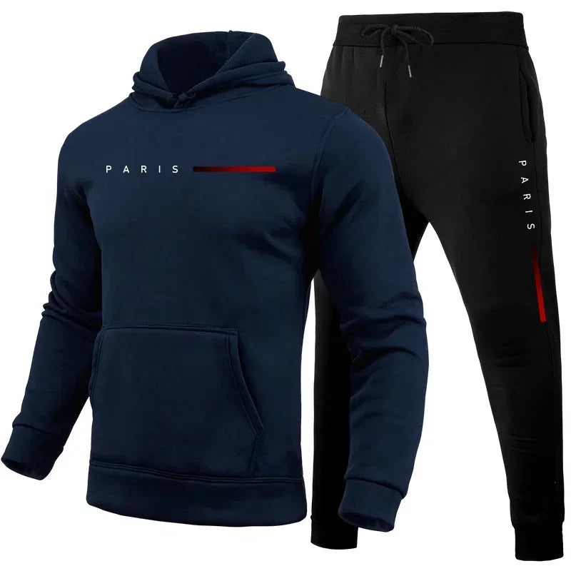 Men's autumn and winter fashion pullover hooded sweatshirt + jogging pants two-piece warm outdoor fitness casual set.