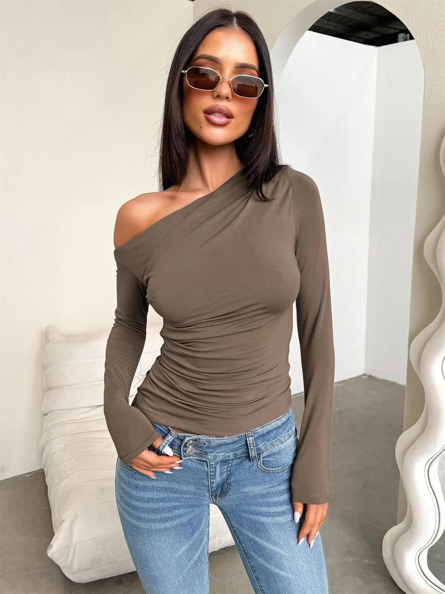 2025 New Spring Women's Casual Long Sleeve Boat Neck Off Shoulder Slim Fit Crop Top Going Out Blouses Y2K Tight Shirts Autumn.