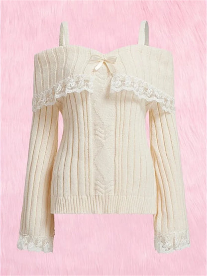 Grunge Frauen Schulterfrei Strickpullover Rosa Pullover Süße Pullover Langarm Schleife Spitze Patchwork Pullover Y2k Streetwear