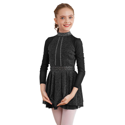 Kinder Mädchen Eiskunstlauf Kostüm Ballett lyrische Tanz gymnastik Trikot Kleid Langarm glänzend Mesh Performance Dance wear.