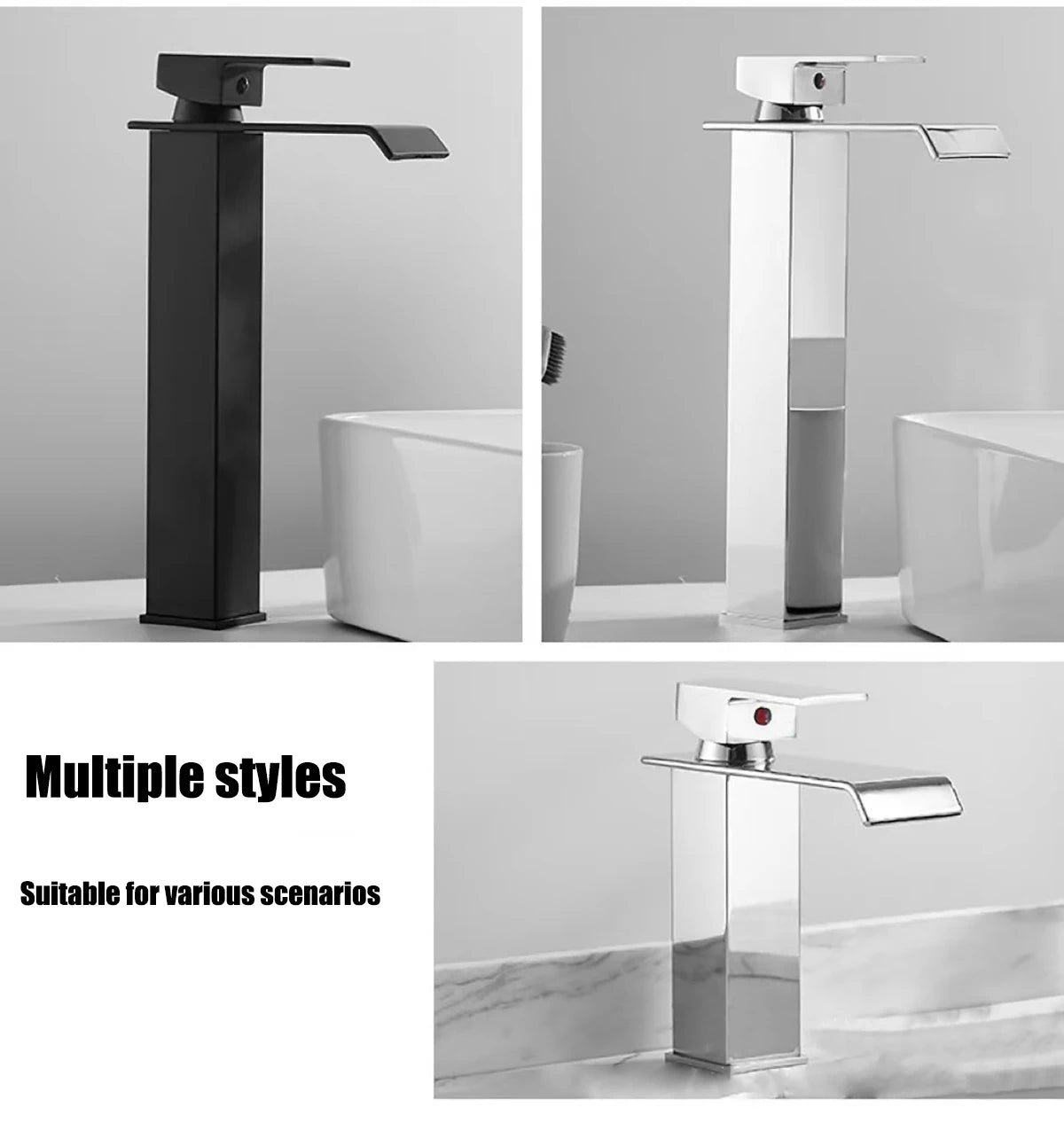 Black waterfall hot and cold faucet wash basin countertop basin bathroom cabinet splash proof basin faucet kitchen