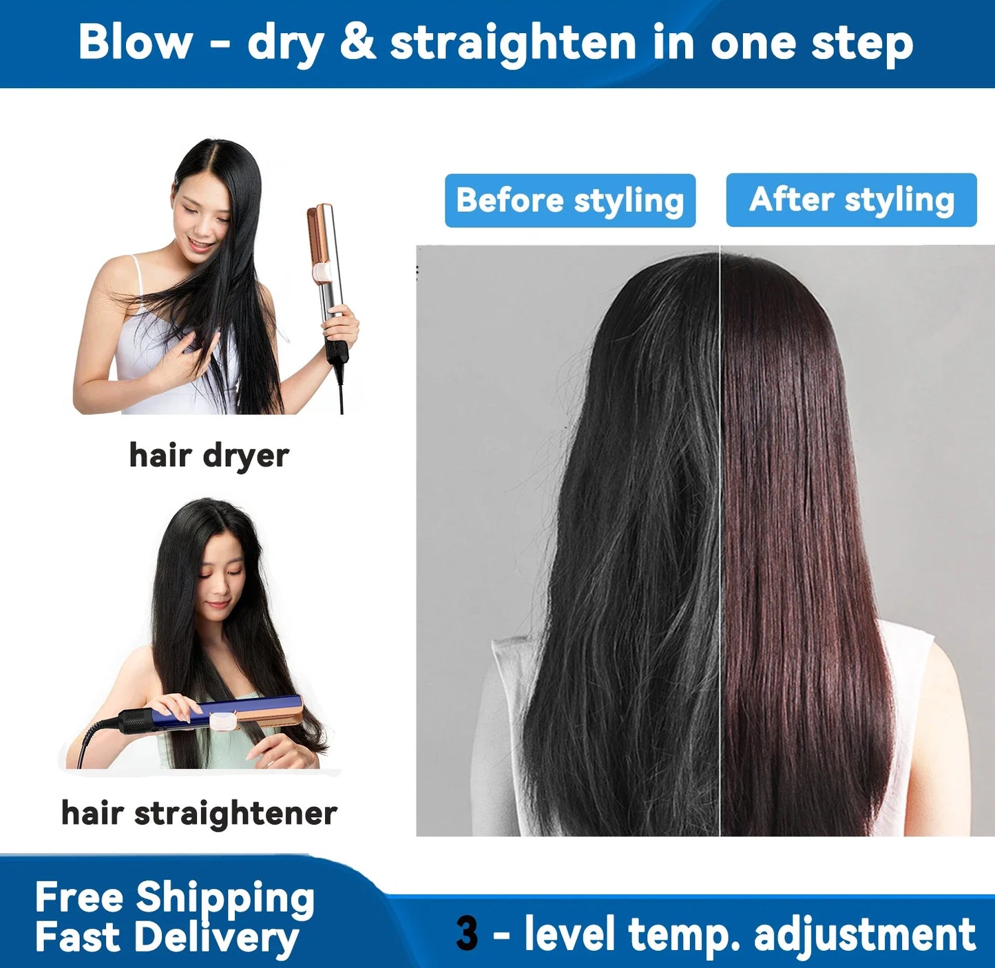 Professional 2-in-1 Hair Straightener & Dryer Combo - Negative Ion Heating Flat Iron with Display. Ideal for Home and Salon