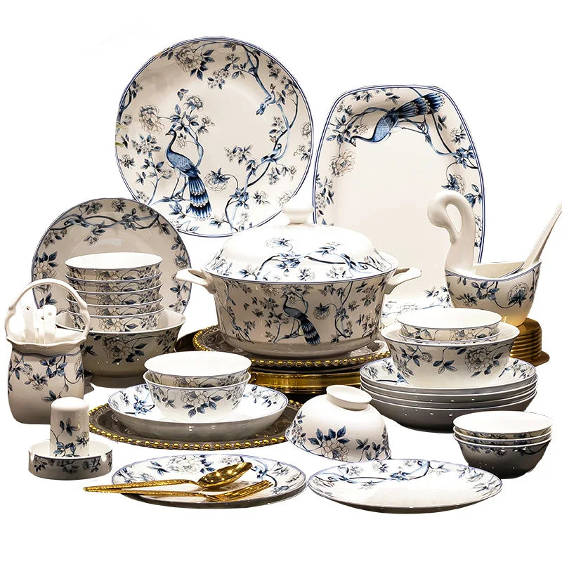 Blue Peacock Bone China Dining Plate Blue and White Kitchen Tableware Flower Ceramic Tableware Home Dining Bar Main Course Plate.