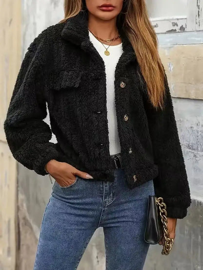 VigoCasey 2025, Herbst Winter Frauen Schwarze Jacke Einreiher Langarm Dicken Plüsch Warme Mantel Solide Dame Beiläufige Kurze Mantel.