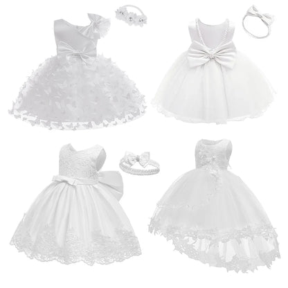 Weiße Blumenmädchenkleider für die Hochzeit, elegantes Kinder-Taufkleid und Kopfbedeckung, kurzärmelig, für Kinder, Kommunion, Geburtstagsfeier.