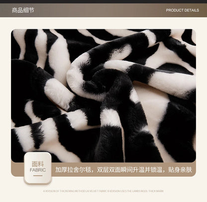 Nordic Style Zebra Print Coral Fleece Blanket Thickened Raschel Autumn Winter Blankets Double Layer Multi Purpose Plush Quilt.