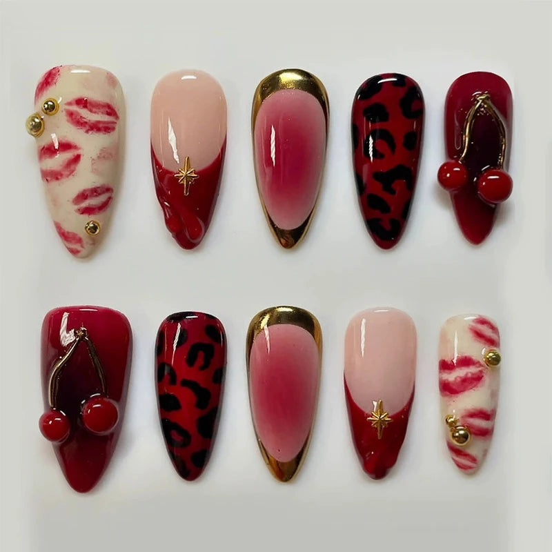 24Pcs False Nails Spicy Girl Silver Bow with Diamond Fake Nails with Glue Almond Press on Nails Black Cool Y2k Almond Nail Set