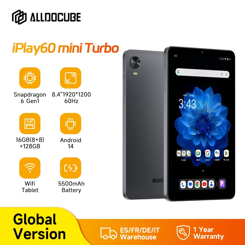 ALLDOCUBE iPlay60 mini Turbo Tablet 8.4" 60Hz Snapdragon 6 Gen1 16GB(8GB+8GB Virtual) RAM 128GB ROM WiFi 5500mAh Android 14.