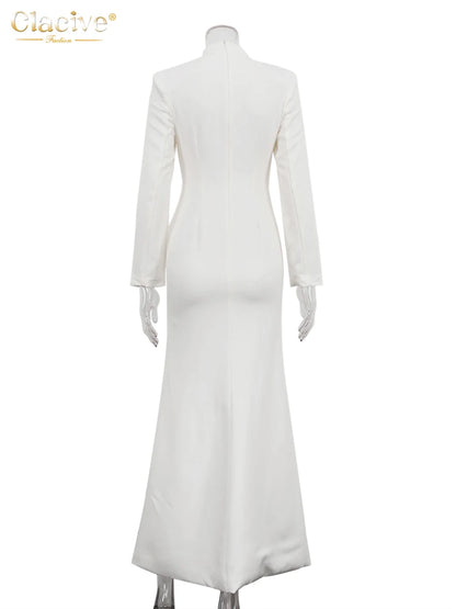 Clacive Sexy schlankes weißes Damenkleid 2025, modisches V-Ausschnitt, lange Ärmel, knöchellanges Kleid, elegantes, klassisches, geschlitztes Damenkleid.