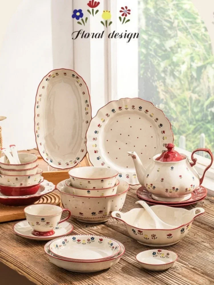 SOLECASA Ceramic Tableware Pastoral Style Rice Soup Bowl Fruit Salad Bowl Dish Pasta Dessert Plate Dinnerware Table Decoration.