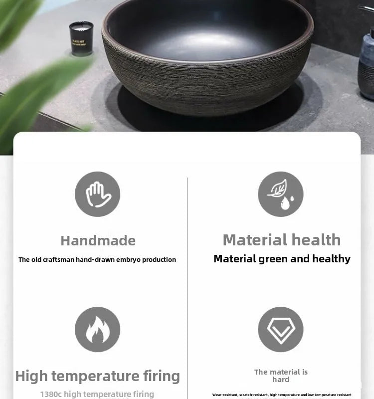 Jingdezhen Keramikgefäßwaschbecken – handgefertigtes rustikales Schwarz- und Sandkunstwaschbecken mit Spritzschutz-Design für den Badezimmer-Waschtisch individuell anpassbar