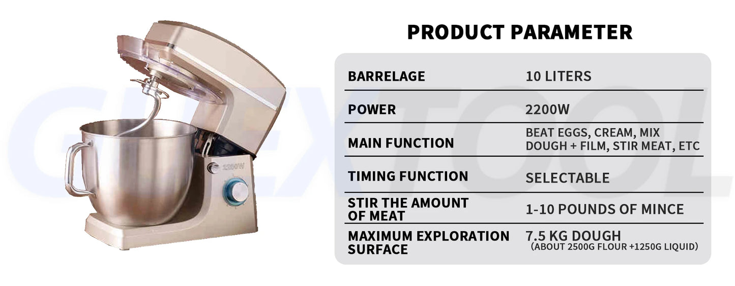 10L Stand Mixer Electric Kitchen Mixer Food Processor Dough Kneading Machine Kneader Kitchen Appliances Stir Fried chef's Machin.