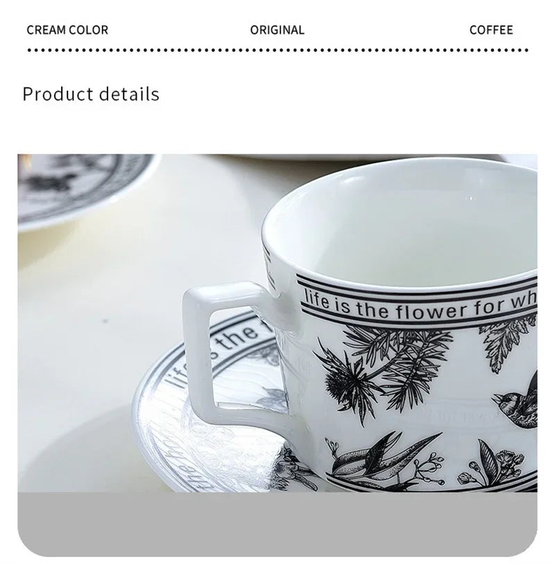 Vintage Elegant Ceramic Mug Floral bird pattern Coffee Cup and Saucer Afternoon Tea Cup Dessert Tray Exquisite Gift Water Cup.