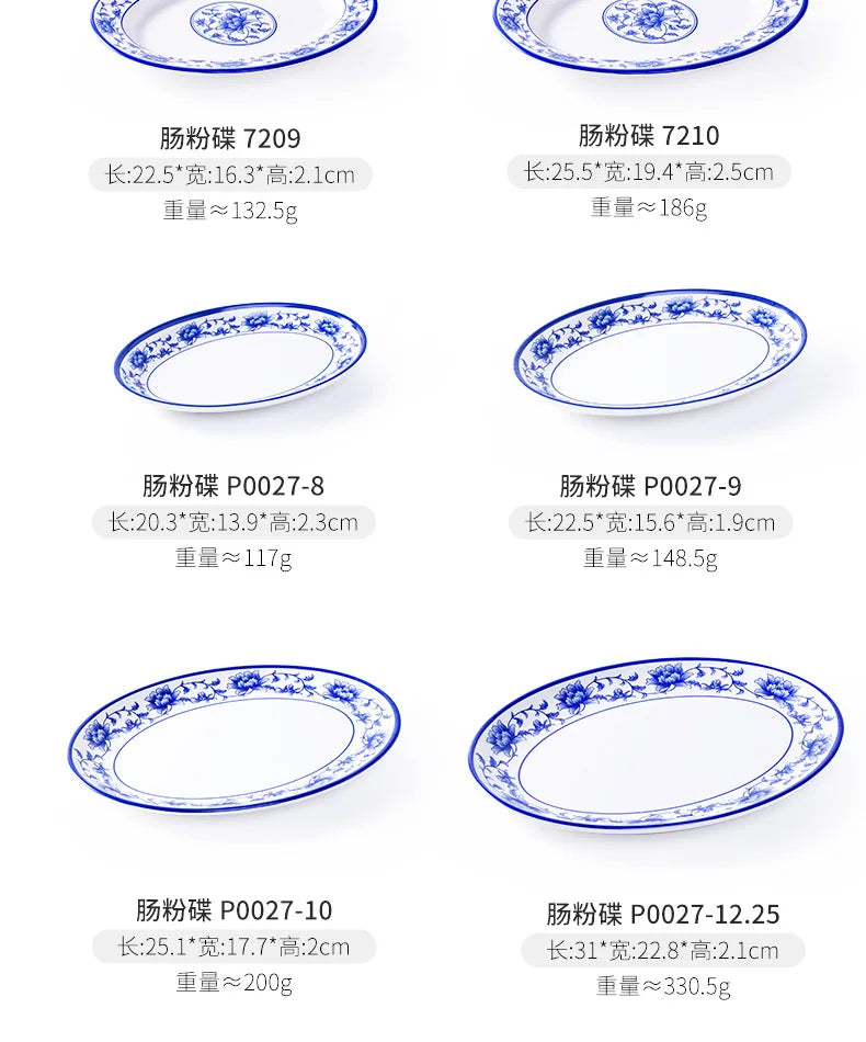 Melamine Chinese Style Blue and White Porcelain Tableware Creative Oval Dinner Plate.