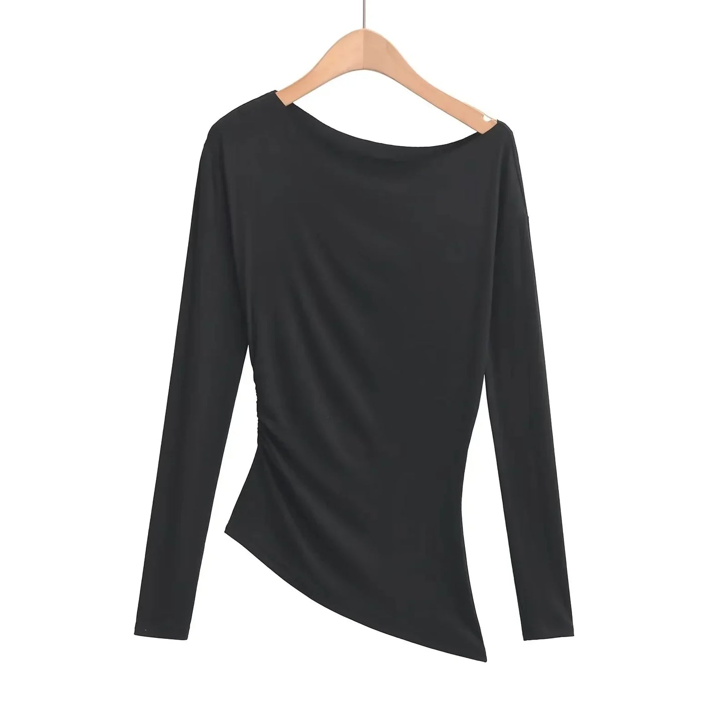 Long Sleeve One Shoulder T-Shirt Zhang Lu Si Spicy Girl Pleated Slimming Versatile Top Cotton Made in China Full Sleeve.