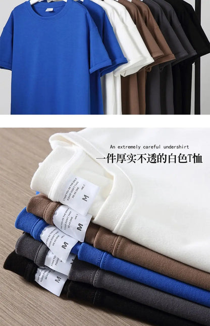 Black White GSM 500g Heavy-duty Pure Cotton T-shirt Thickened Threaded Round Neck Short Sleeves Three Needle Half Sleeve Tees.