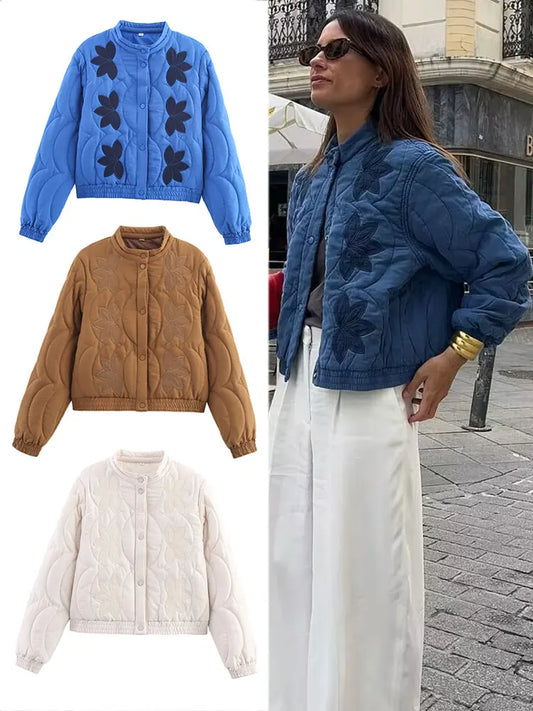 TRAFZA 2025 Herbst Frauen Stepp Crop Mantel Floral Stickerei Einreiher Langarm Jacke Winter Warme Vintage Oberbekleidung.