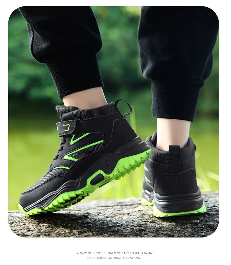 New Boys' Sports Shoes Non-slip School Children's Leather Breathable Running Black Fashion Hiking Shoes Sneaker Size 29-40