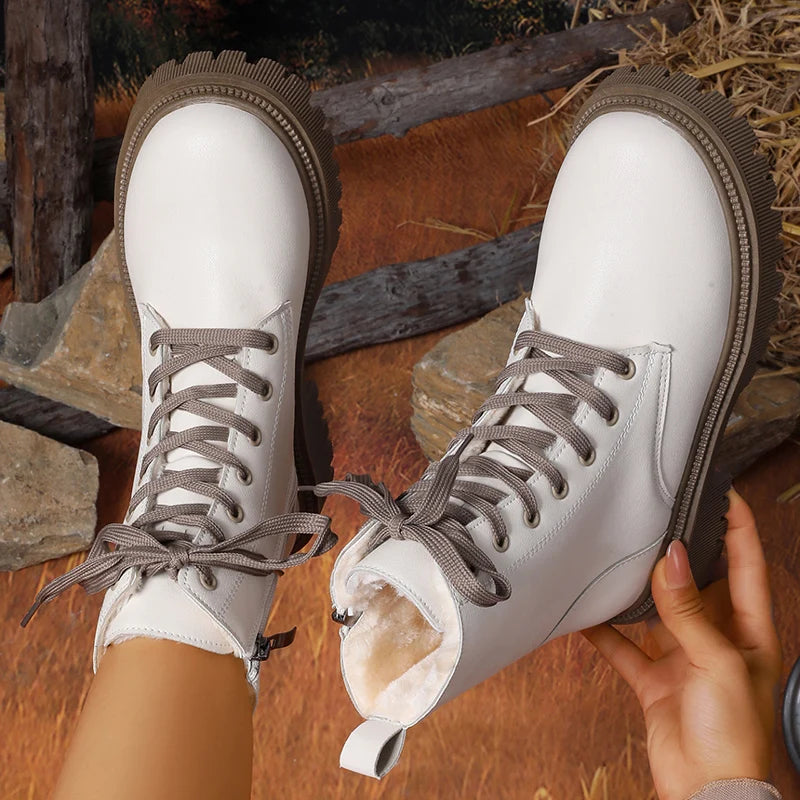 Autumn Winter Short Plush Ankle Boots Women Fashion Lace Up Pu Leather Platform Boots Woman Thick Sole Motorcycle Botas Mujer 42.