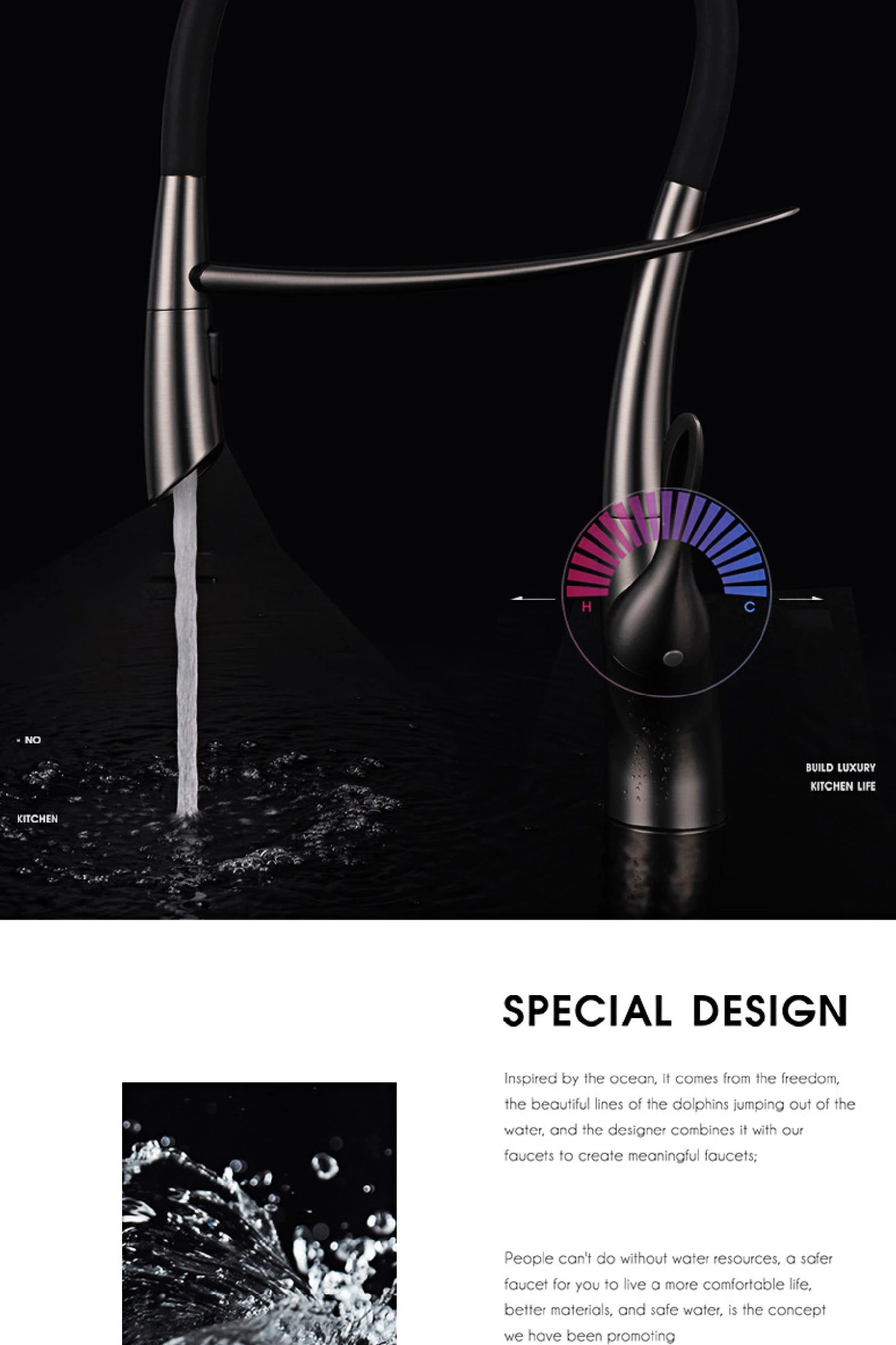 Luxuriöser Küchenarmatur aus grauem Messing in Gun-Grau mit intelligentem Touch-Design. Einhebelmischer für heißes und kaltes Wasser mit magnetischer Saugkraft