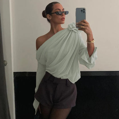 WhereMery Sexy Irregular Oblique-neck Flower Applique T Shirt Summer Off Shoulder Fashion Long Sleeve Crop Tops Street Mesh Tees.