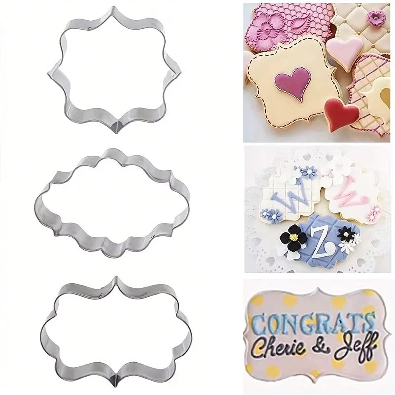FAIS DU 4Pcs Stainless Steel Cookie Mold Stamper Nameplate DIY Biscuit Blessing Circle Flower Frame Cake Decoration Backware.