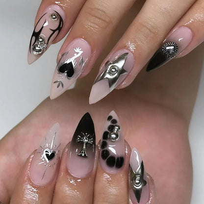 24pcs Sliver Spider Design Fake Nail Halloween Gothic Punk False Nail Tips Wearable European Heavy Metal Almond Press on Nails